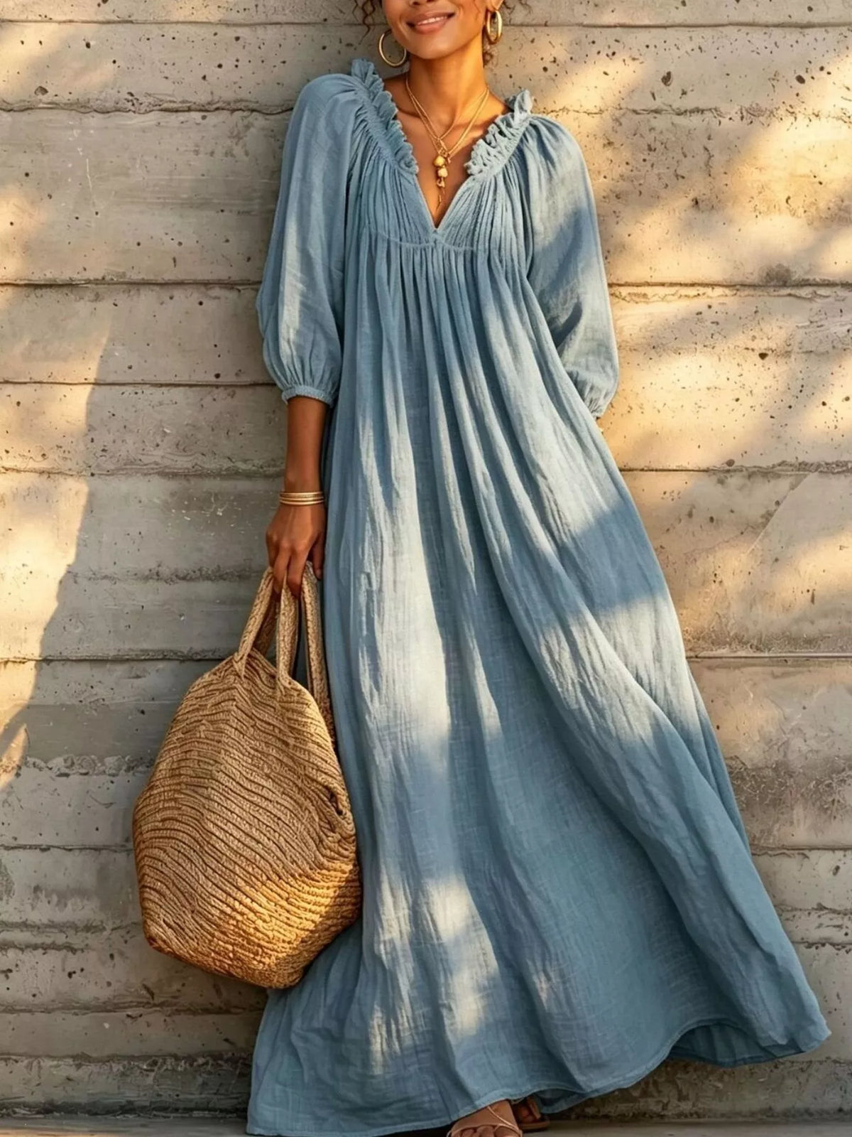 Light blue tiered notched 3/4 sleeve maxi dress