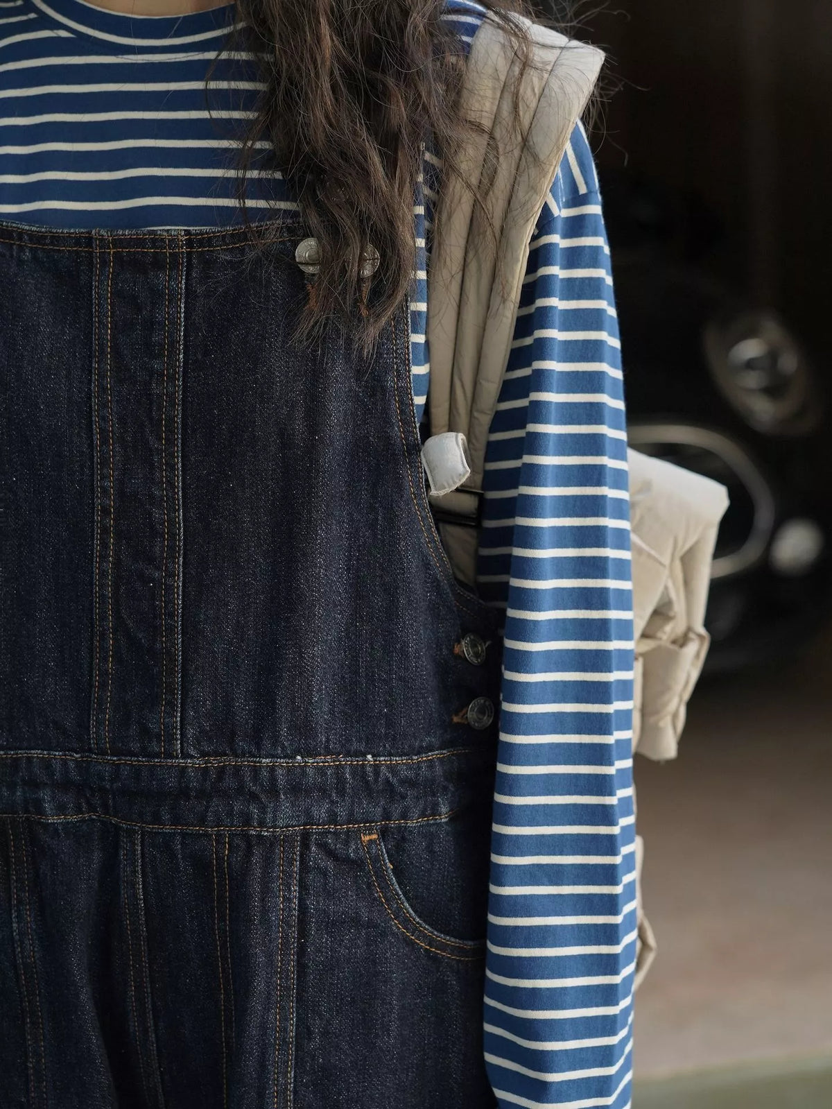 Women's Vintage Dark Wash Wide-Leg Denim Overalls in dark blue — bib detail view