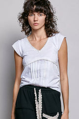 Trendsi POL V-Neck Lightweight Textured Short Sleeve Knit Top with Lace Trim -