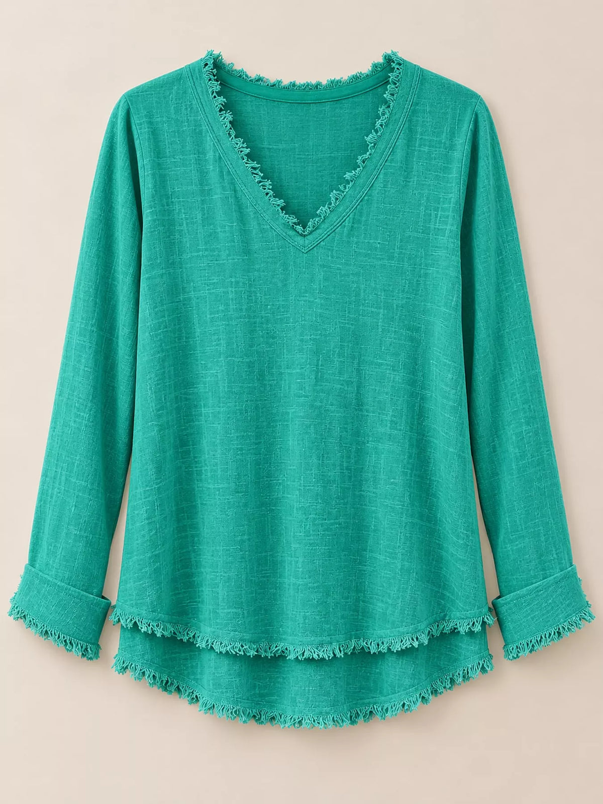 Frayed V-neck blouse, teal flat lay
