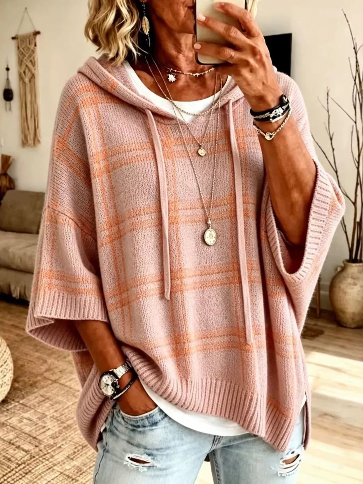 Pink plaid hooded sweater, front view
