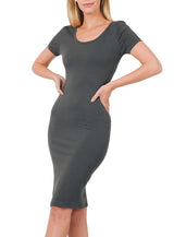 Cotton Short Sleeve Bodycon Fitted Knee Length Midi Dress