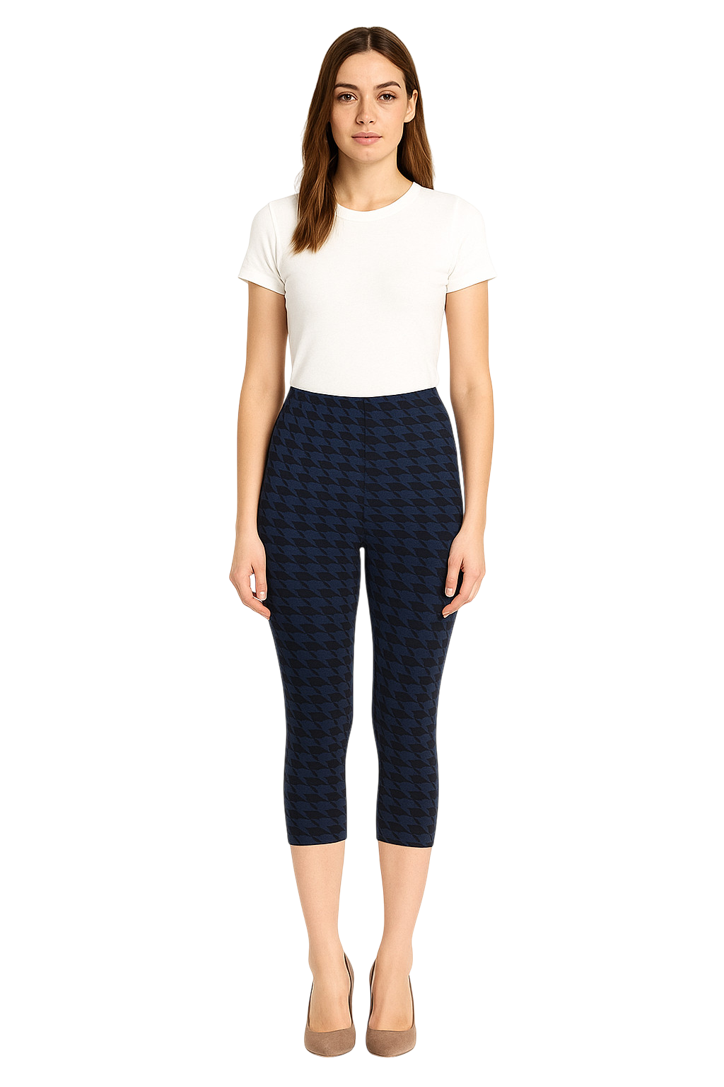 Niobe Clothing Black and Navy Geo Houndstooth Print Capri Leggings - Leggings p_leggings