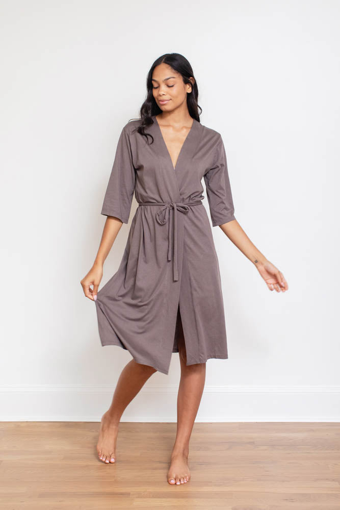 Dusk Pima cotton wrap robe with tie belt, front view