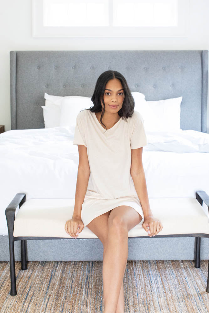 Caramel Brown Pima cotton T-shirt dress, seated view