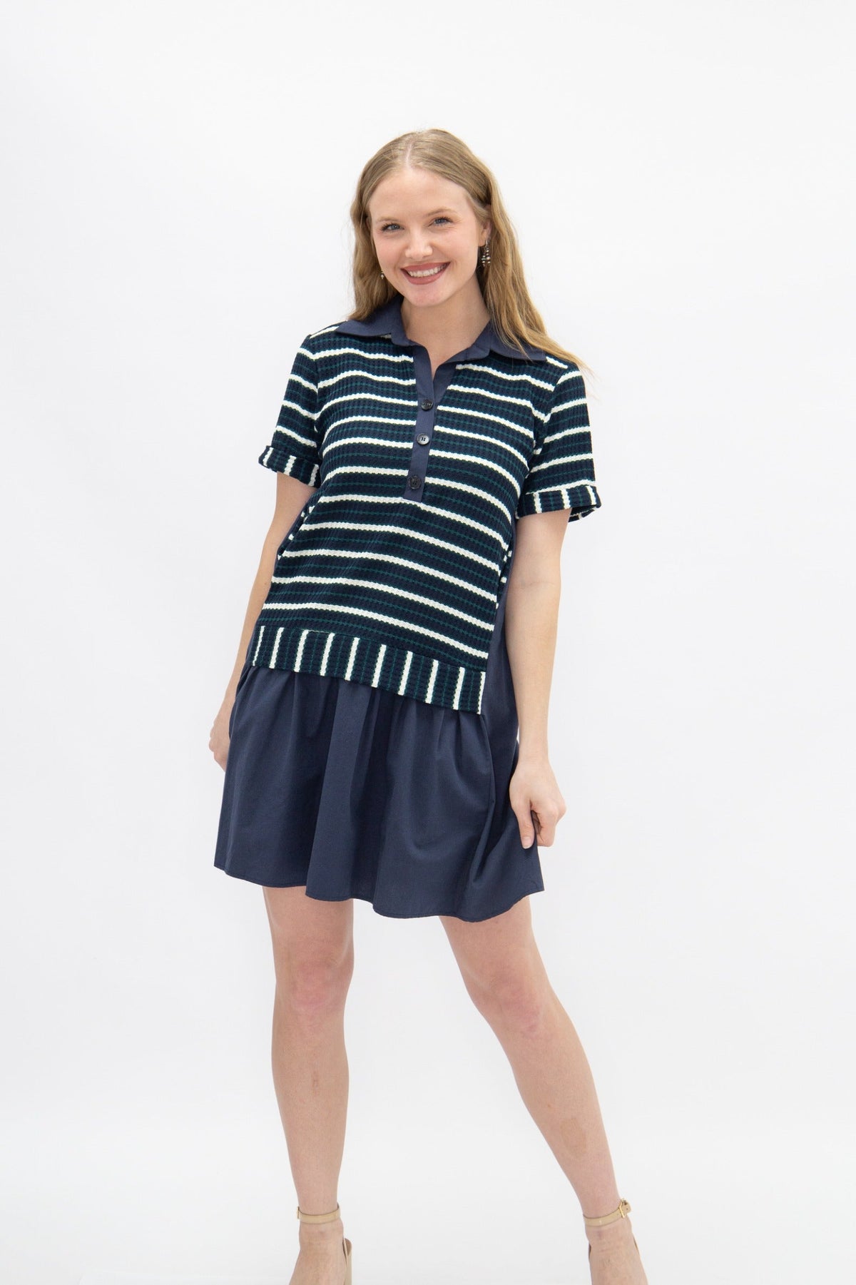 Striped Knit Top with Attached Skirt, Navy