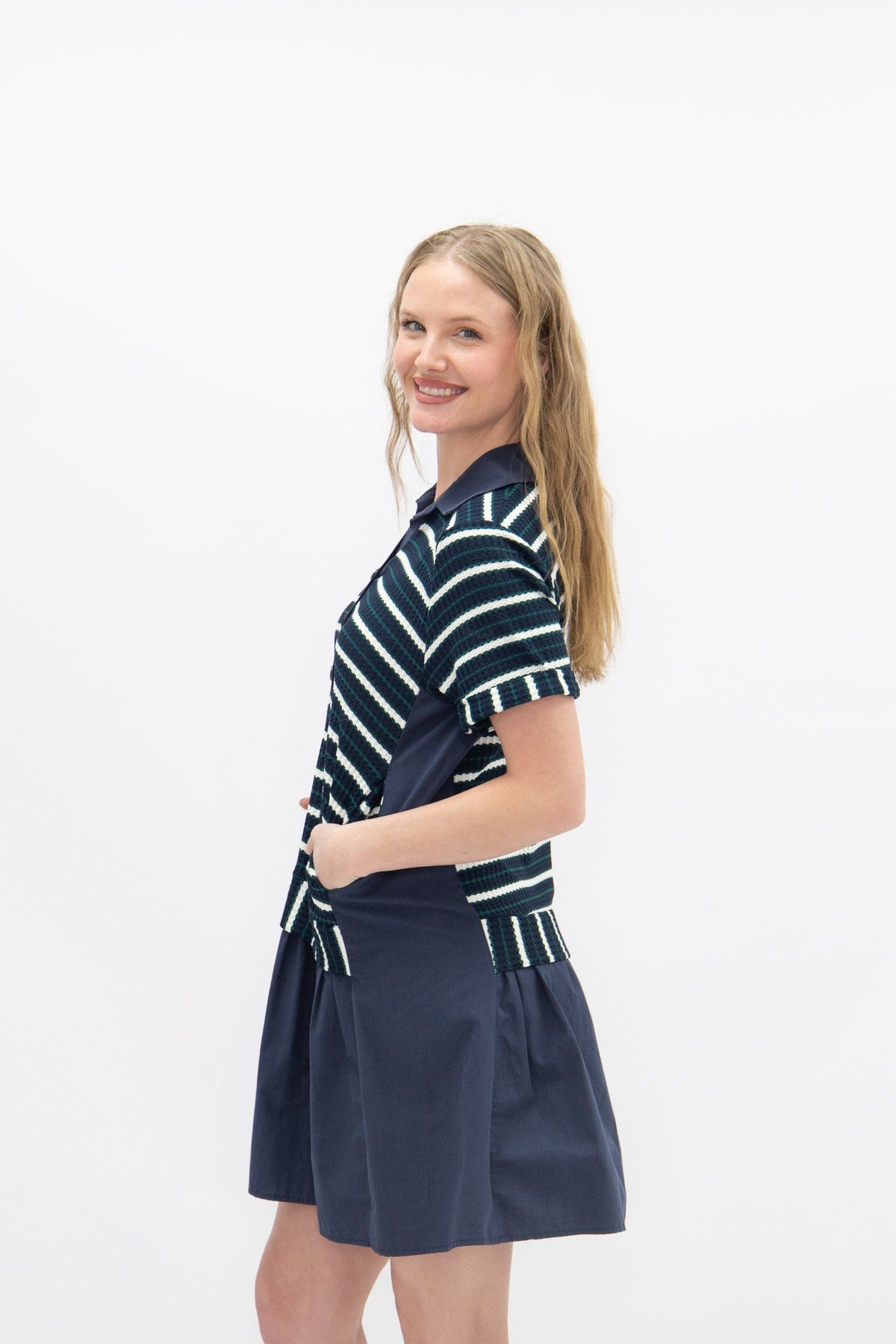 Striped Knit Top with Attached Skirt, Navy