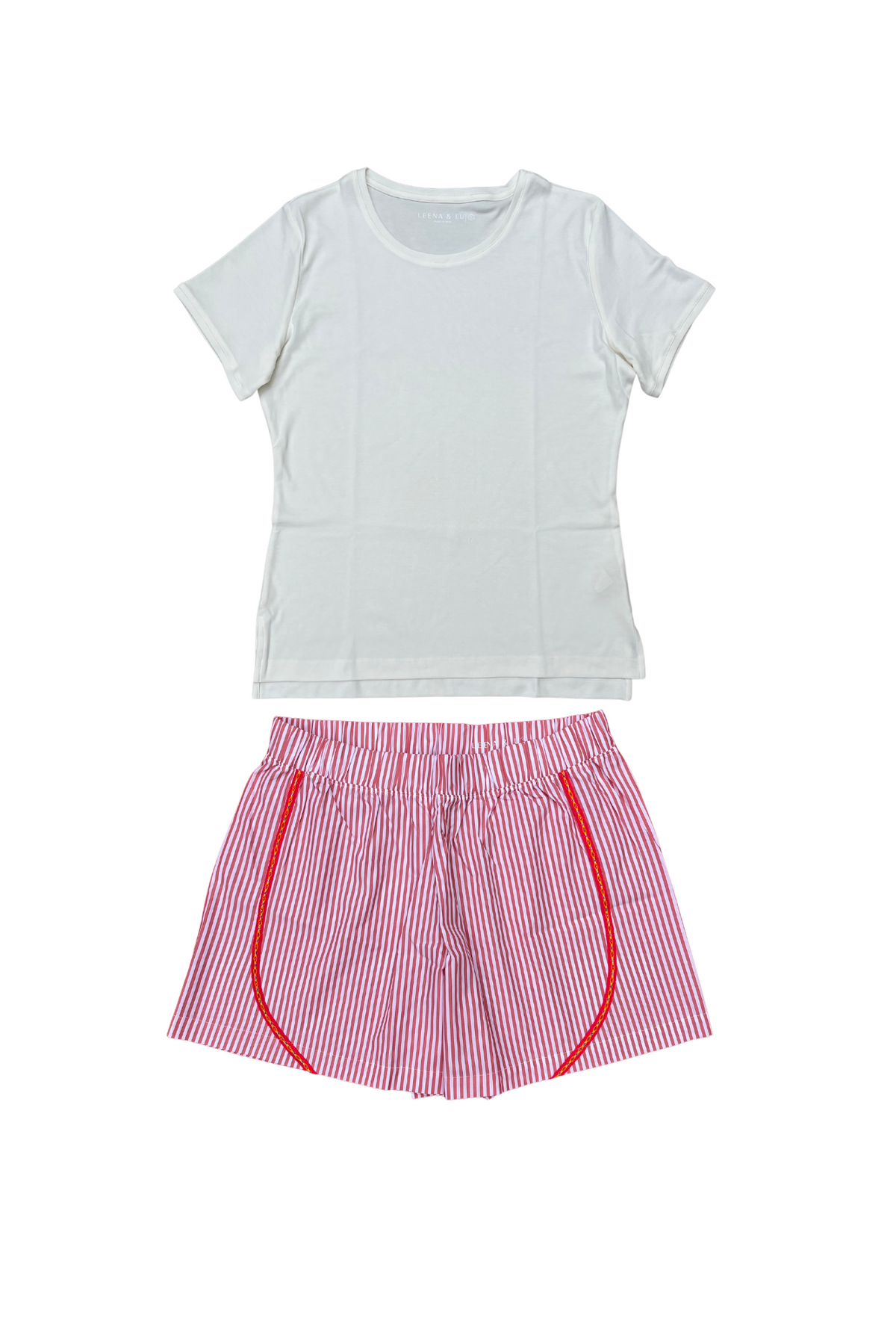 White tee and magenta-striped poplin shorts pajama set, flat lay