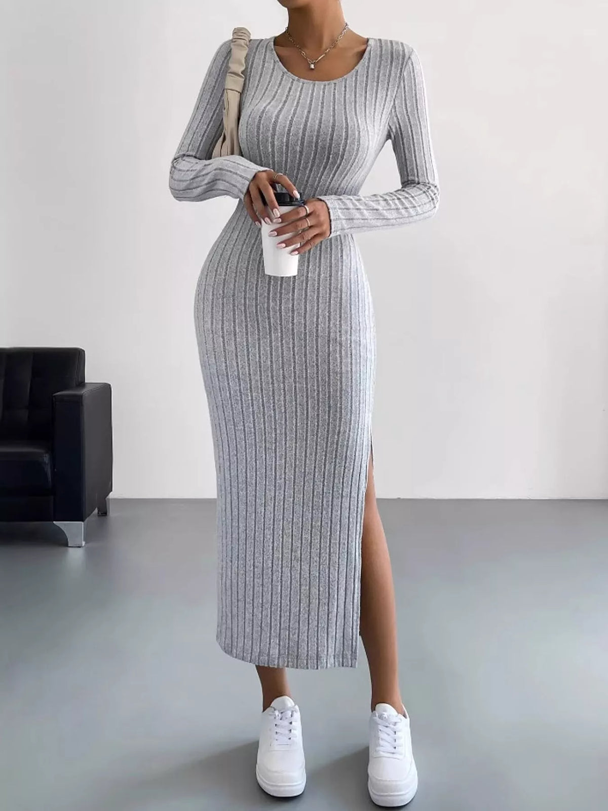 Light gray ribbed long sleeve knit dress with side slit