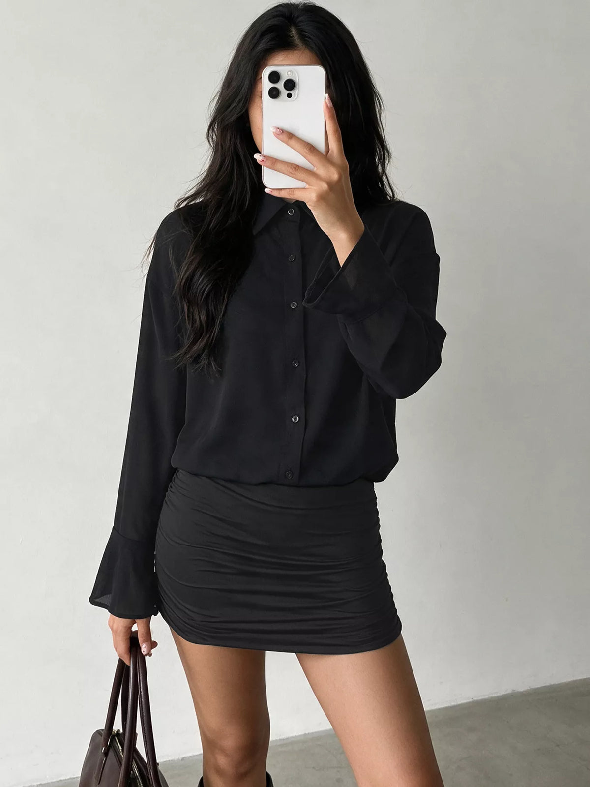 Black flounce sleeve ruched mini shirt dress, front styled view