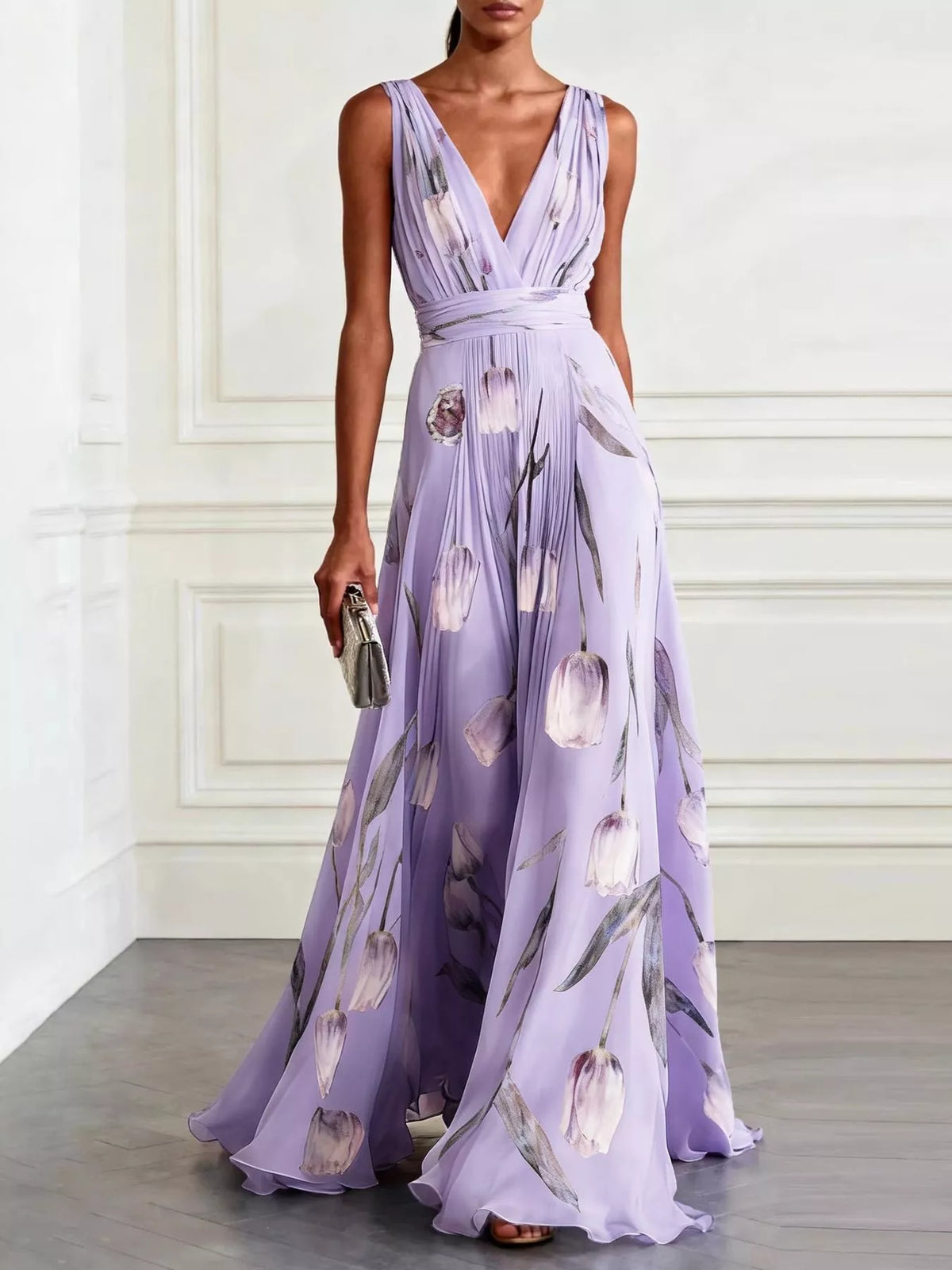 Women's Sleeveless Floral Print Maxi Dress in lavender floral — front view