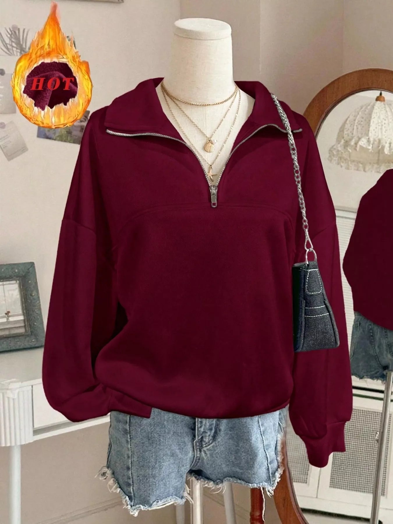 Trendsi Quarter-Zip Dropped Shoulder Sweatshirt -