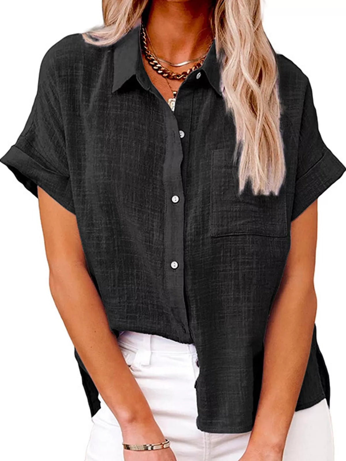 Women's Button Up Short Sleeve Shirt in black — front view