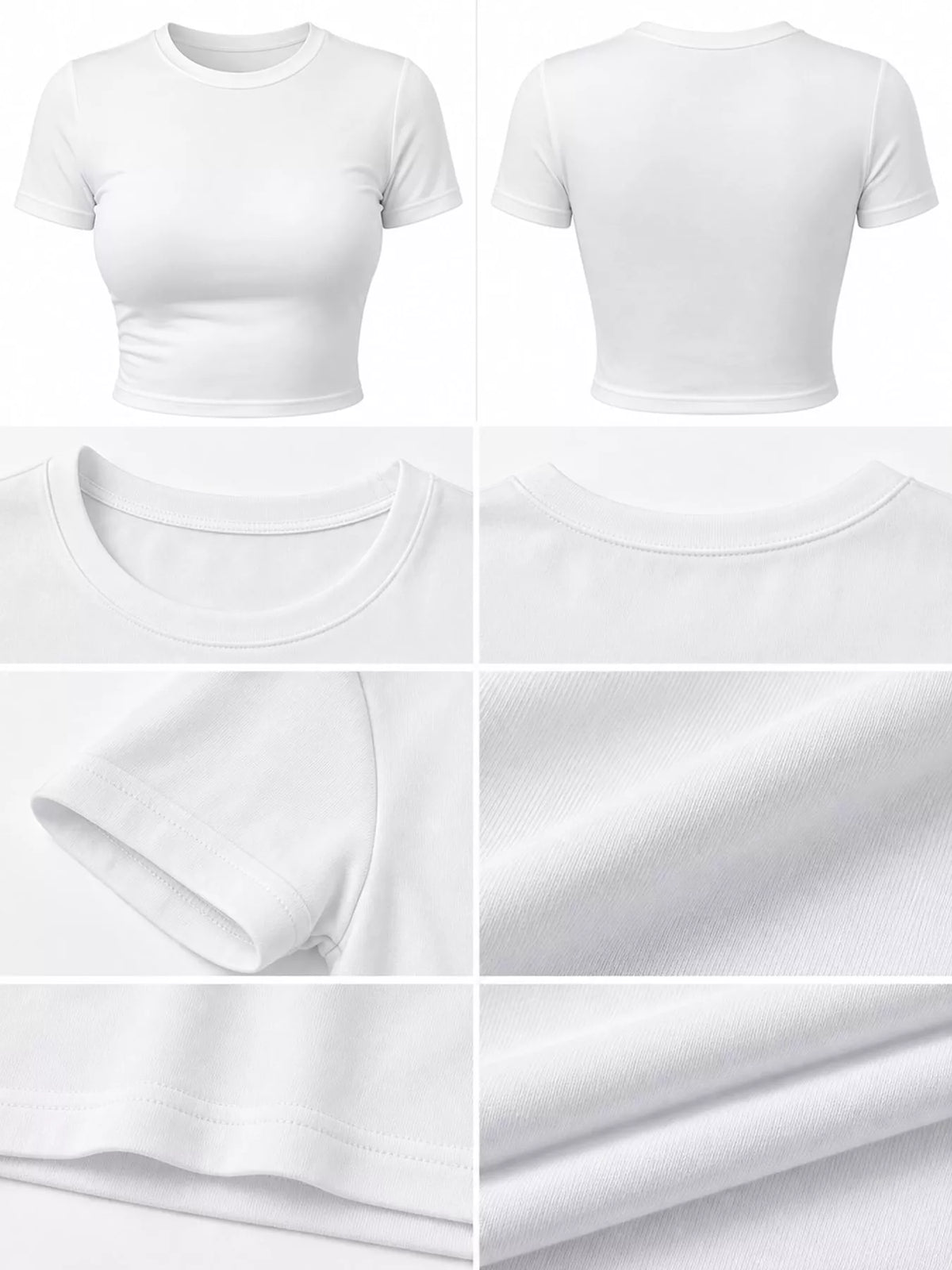 White crew neck crop T-shirt, front, back and detail collage