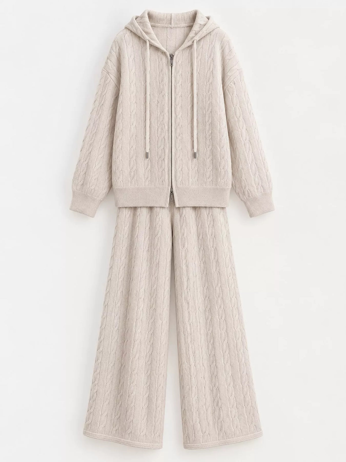 Cable-knit cardigan and pants set, cream flat lay