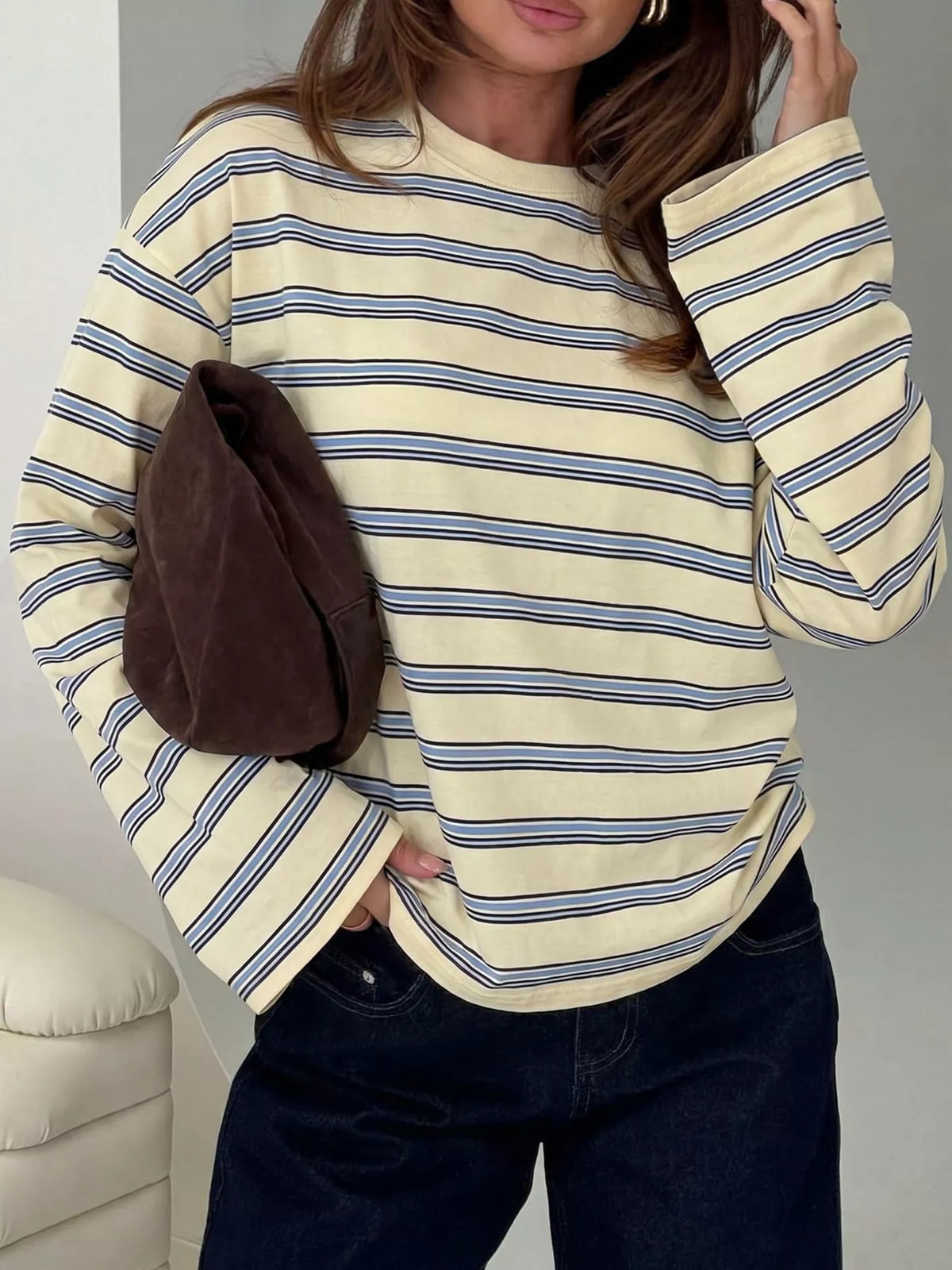 Oversized Striped Long-Sleeve T-Shirt, front view