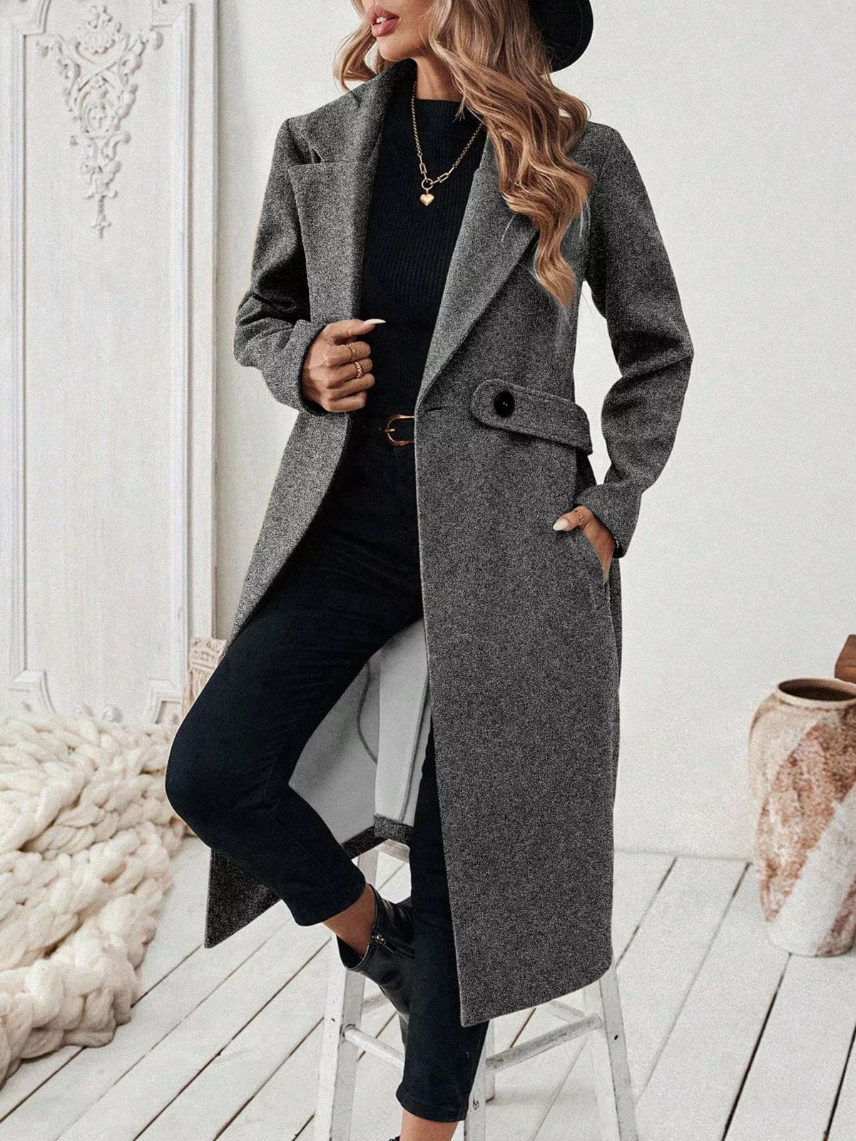 Gray lapel-collar longline coat, open front with lapel held