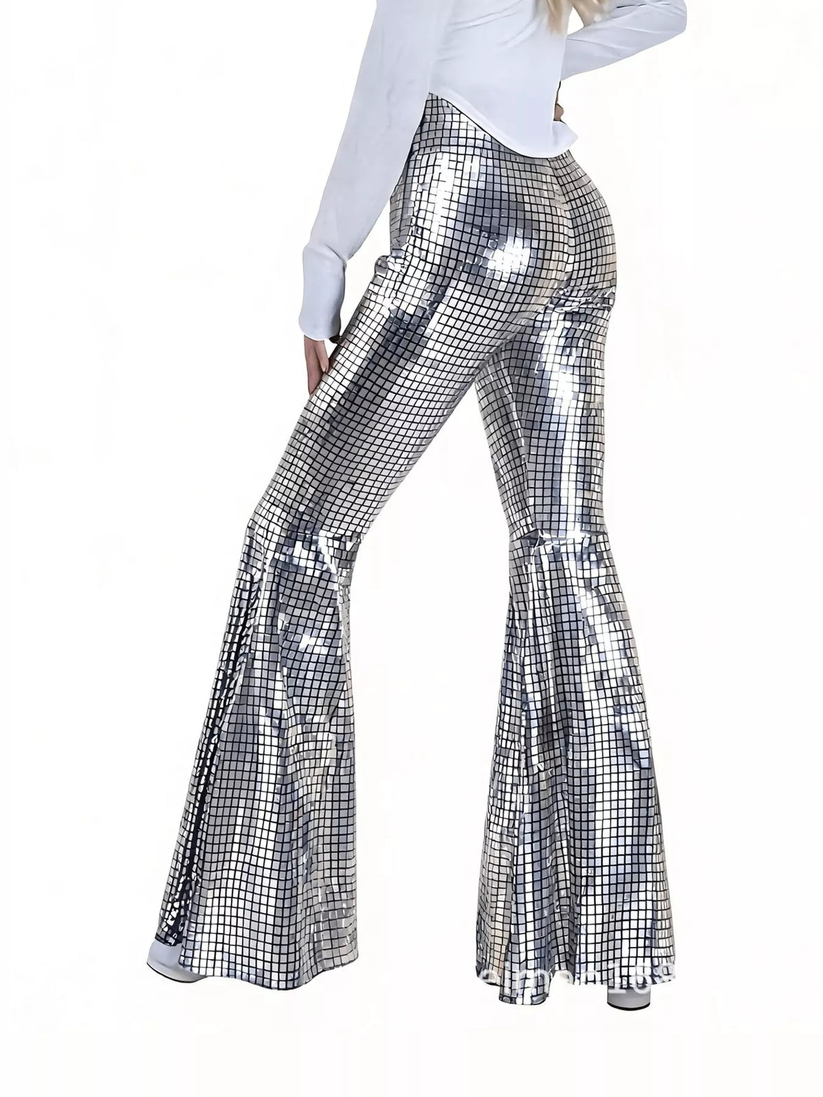 Silver high-waisted flare pants — side view