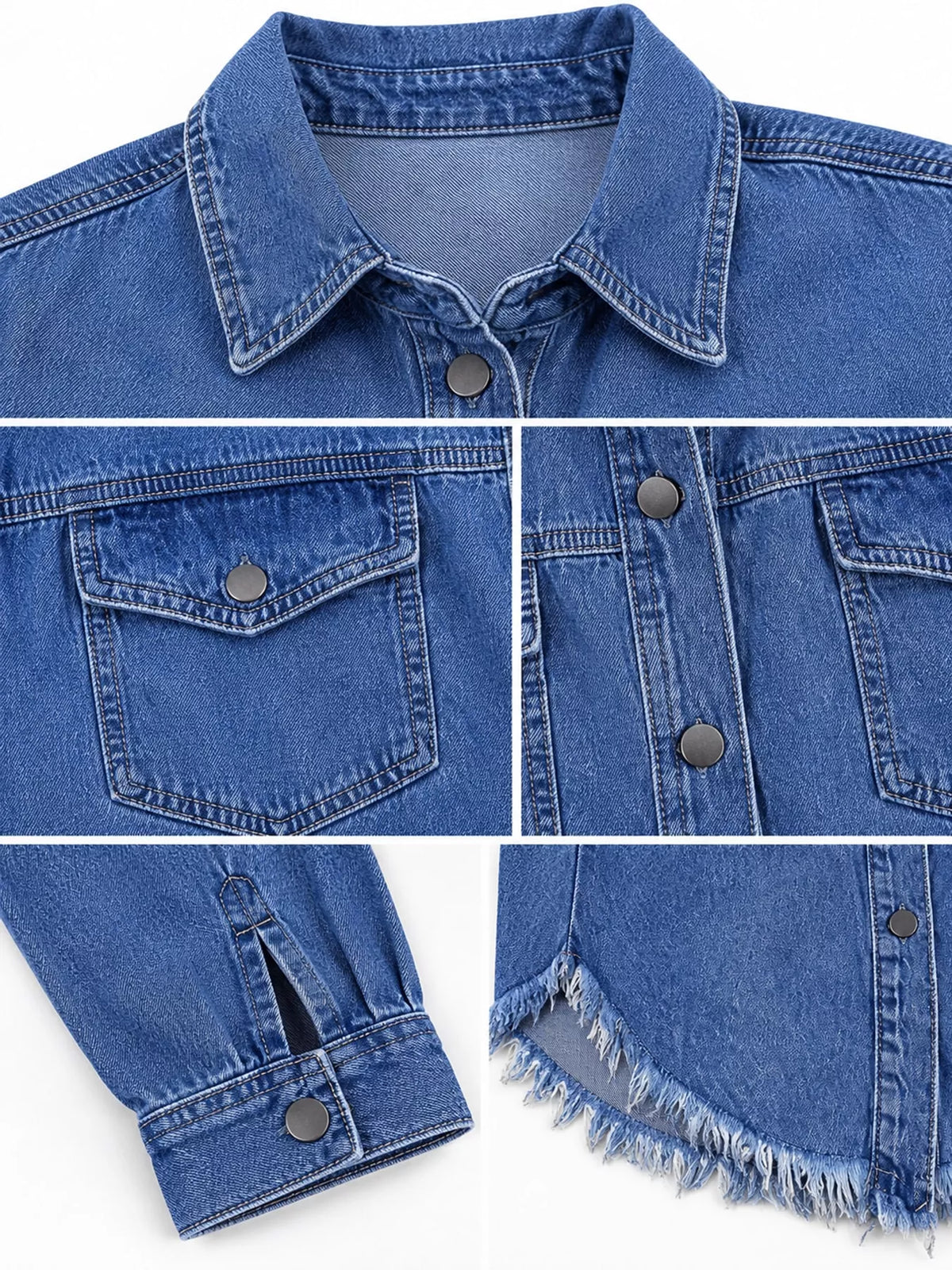 Blue raw hem button-up denim jacket — design and construction details