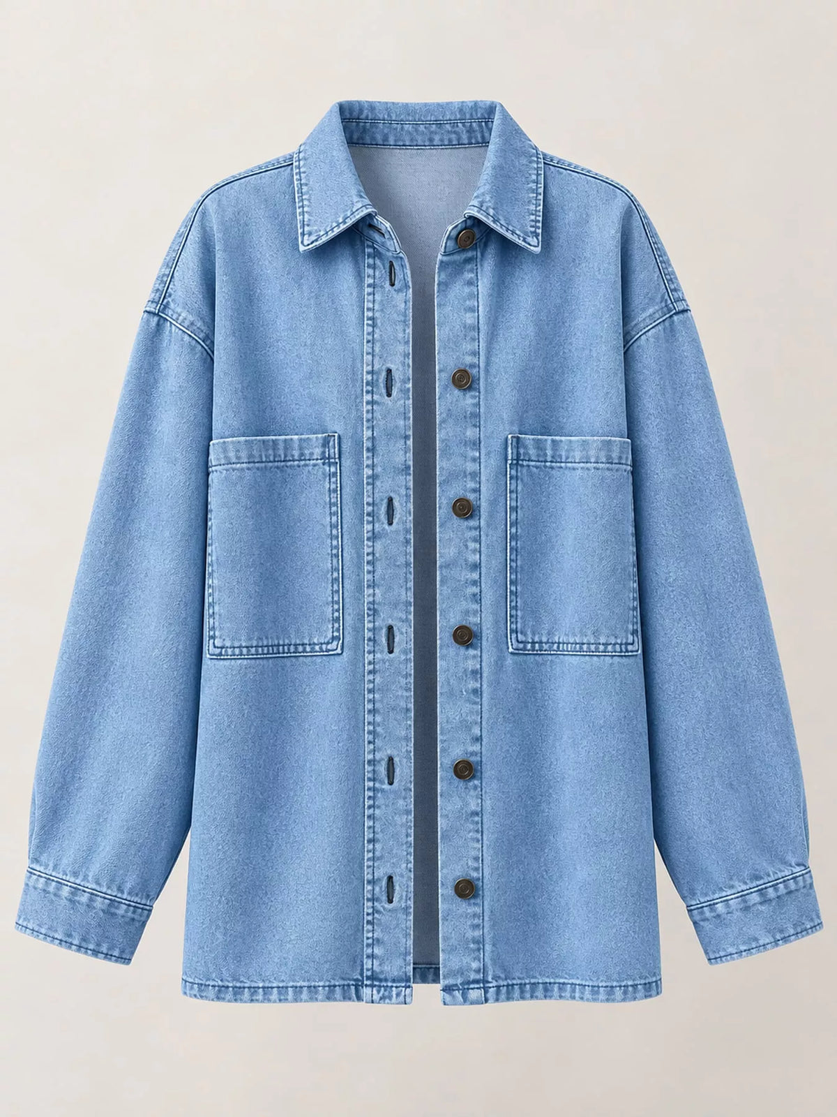 Button-Up Dropped Shoulder Denim Shacket — garment front