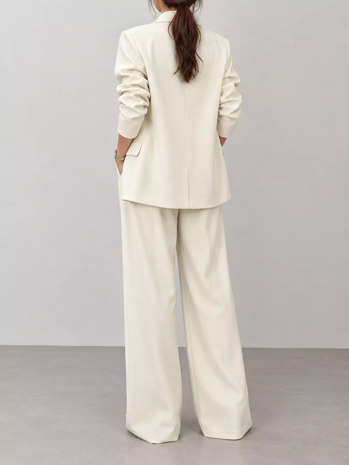 Apricot contrast-trim blazer and wide-leg pants set, back view