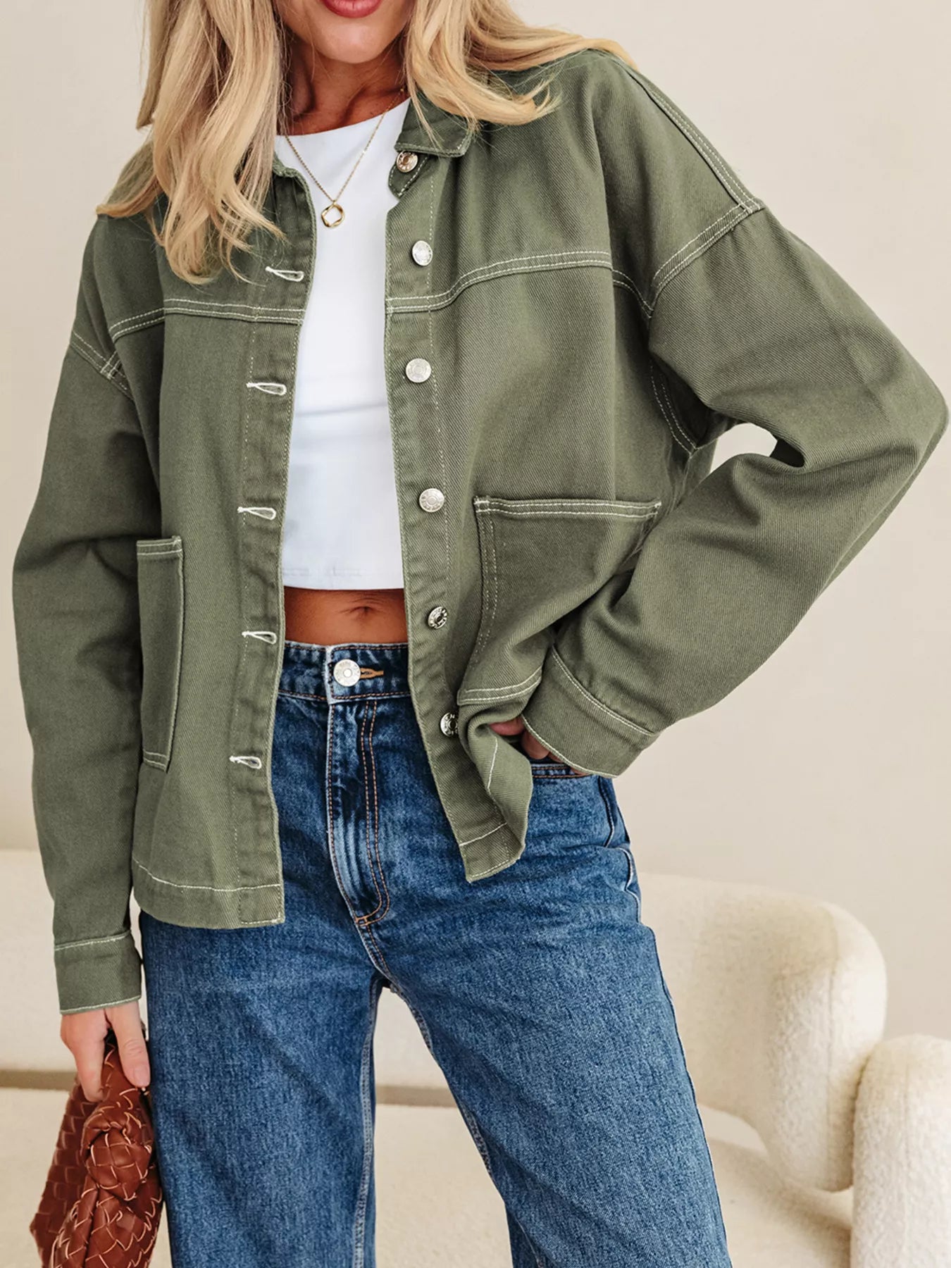 Trendsi Patched Pocket Collared Button Front Boyfriend Denim Jacket -
