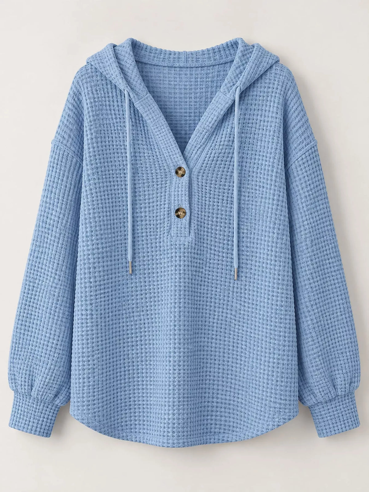 Light blue waffle knit button-detail hoodie, product view