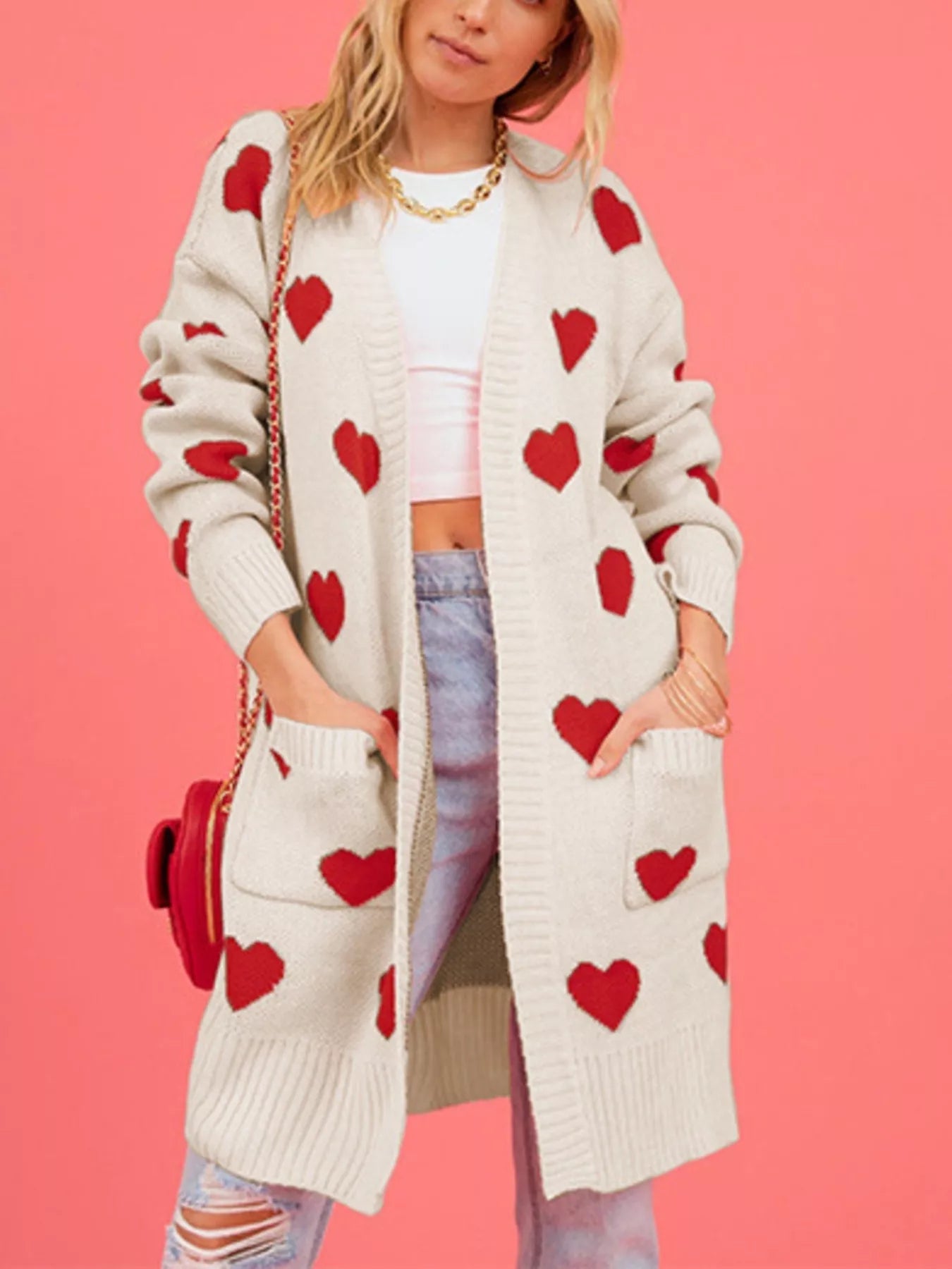 Trendsi Heart Pattern Open Front Longline Cardigan -