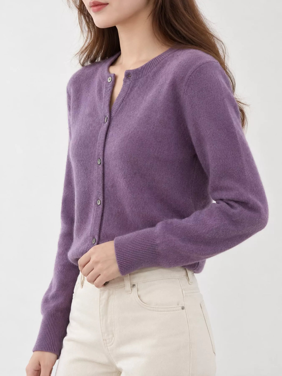 Women's Crew Neck Button-Down Knit Cardigan in purple — side view