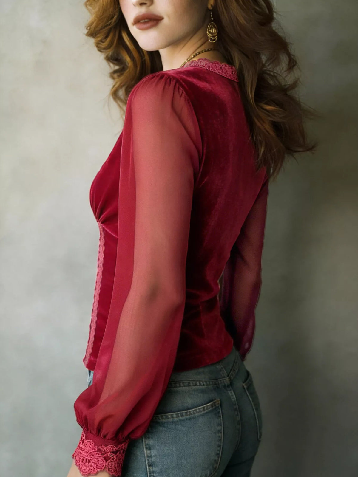 Burgundy lace-trim blouse, side view