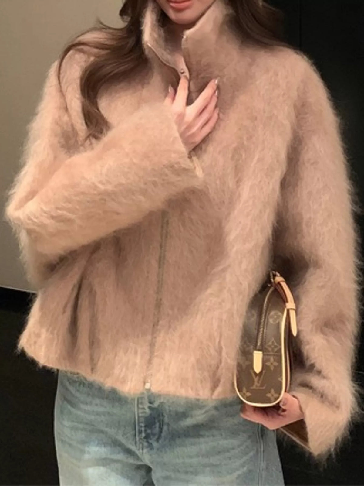 Fuzzy Zip-Up Stand Collar Jacket in camel