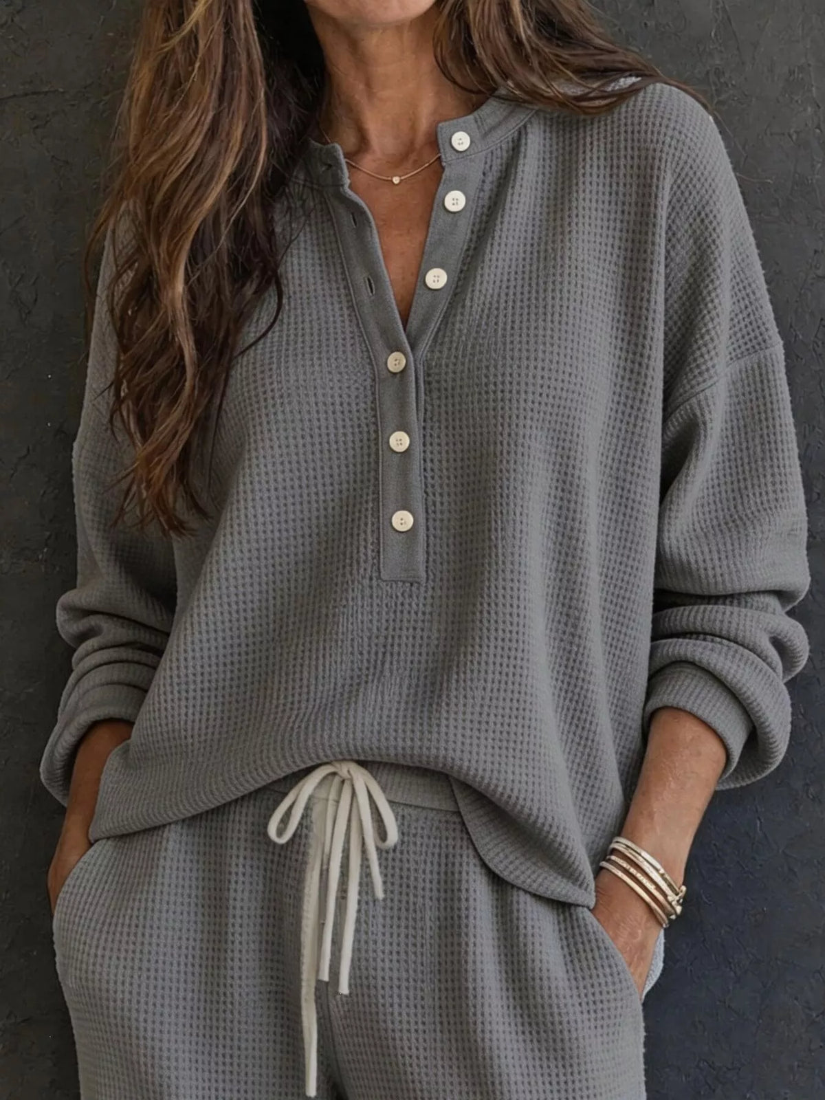Women's Waffle Knit Button Detail Top and Pants Set in gray — bodice detail view