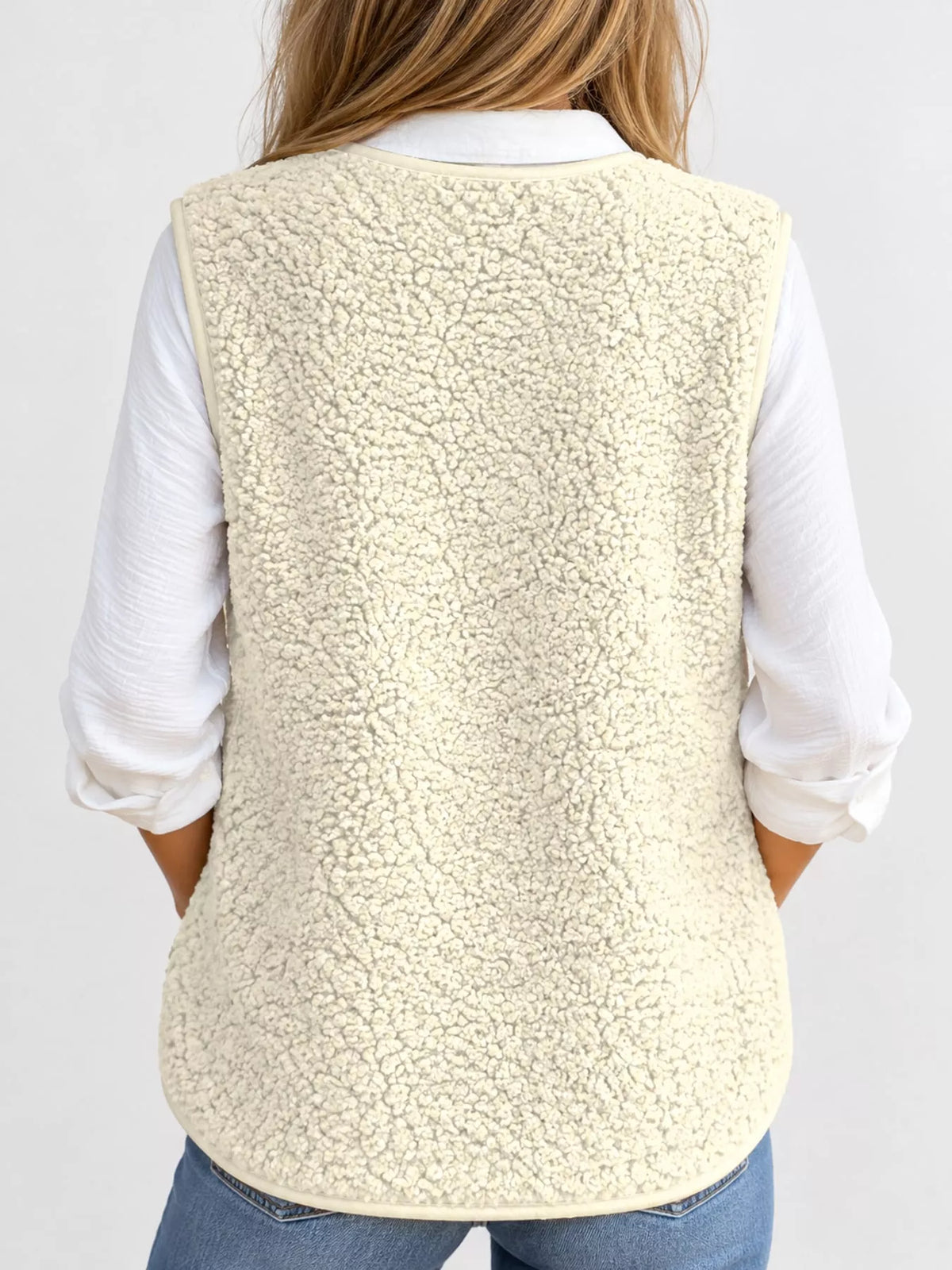 Women's Sherpa Button-Down Vest in cream — back view