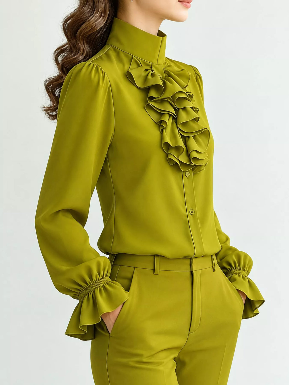 Ruffled Stand-Collar Blouse with Long Lantern Sleeves, front view