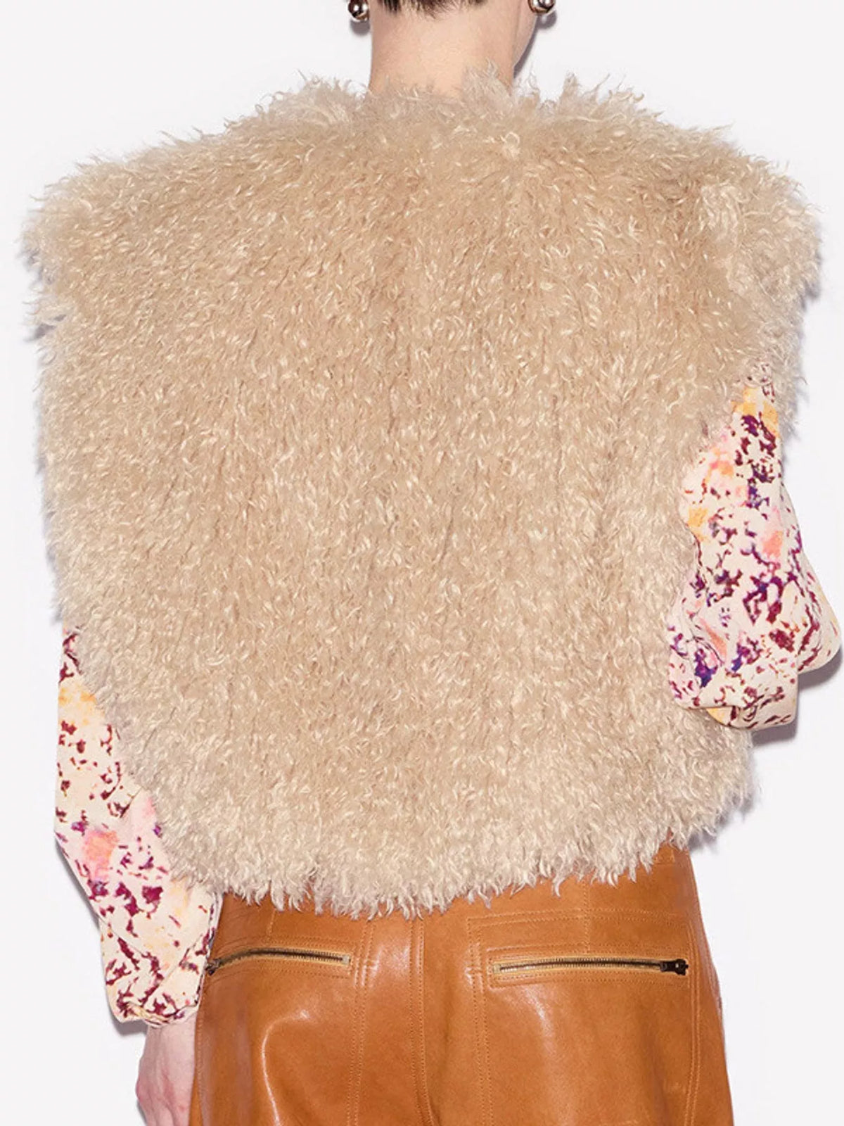 Faux Fur Open Front Vest Coat, back view in cream