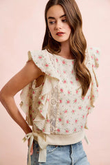 Trendsi BiBi Flower Printed Ruffle Sleeve Trim Detail Top -