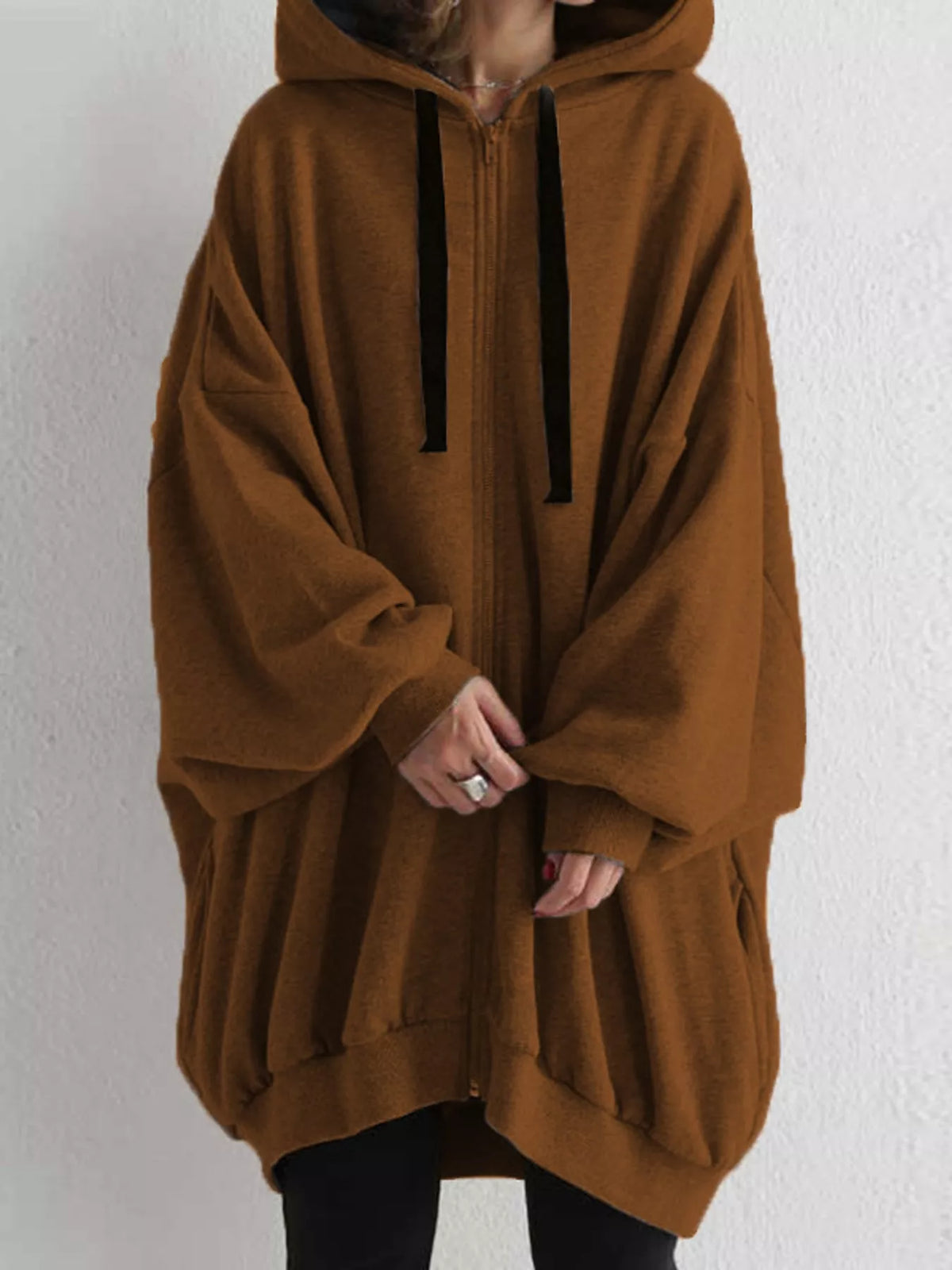 Coffee drawstring zip-up oversized hoodie