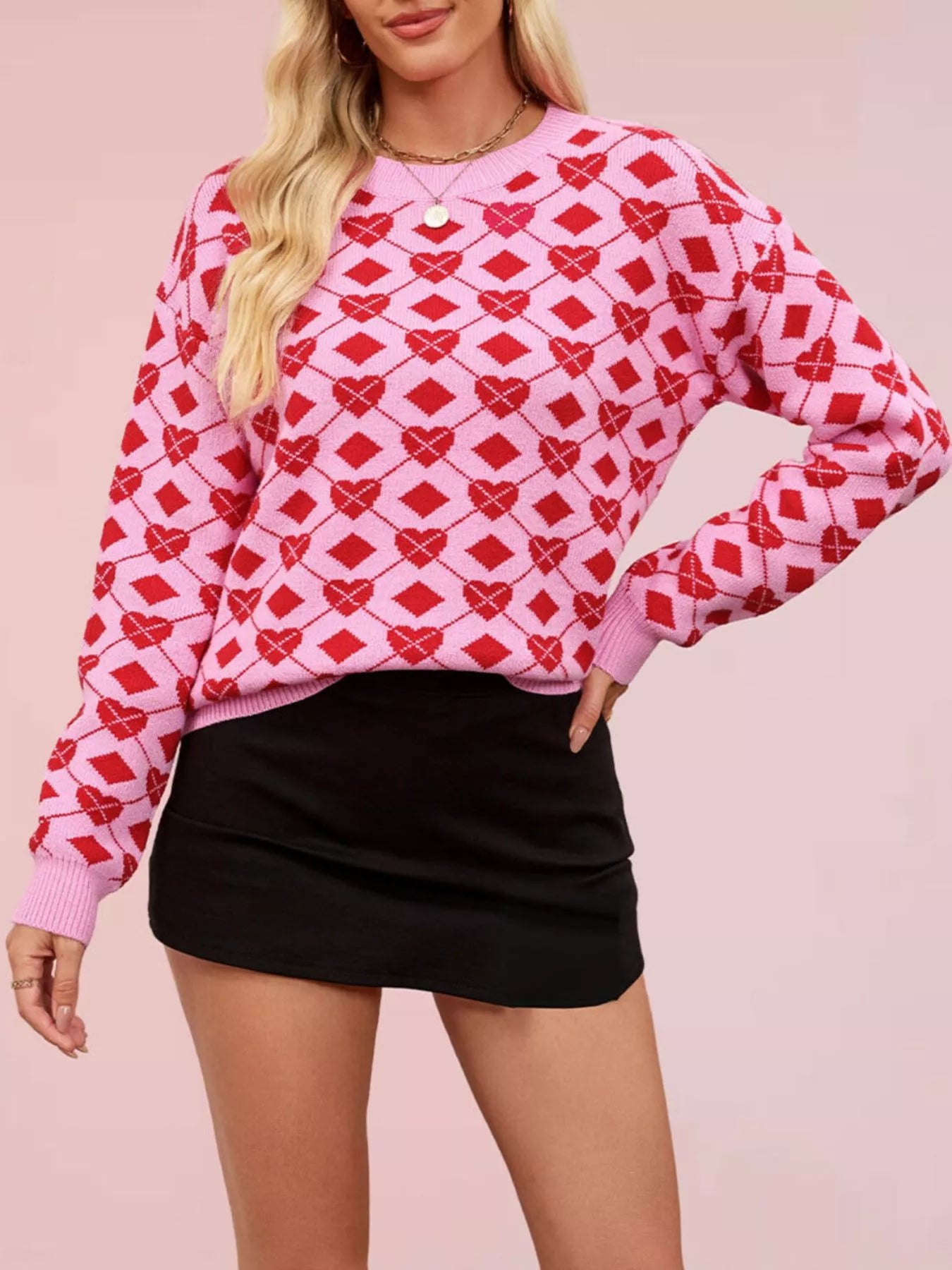 Trendsi Heart Pattern Argyle Knit Long Sleeve Sweater -