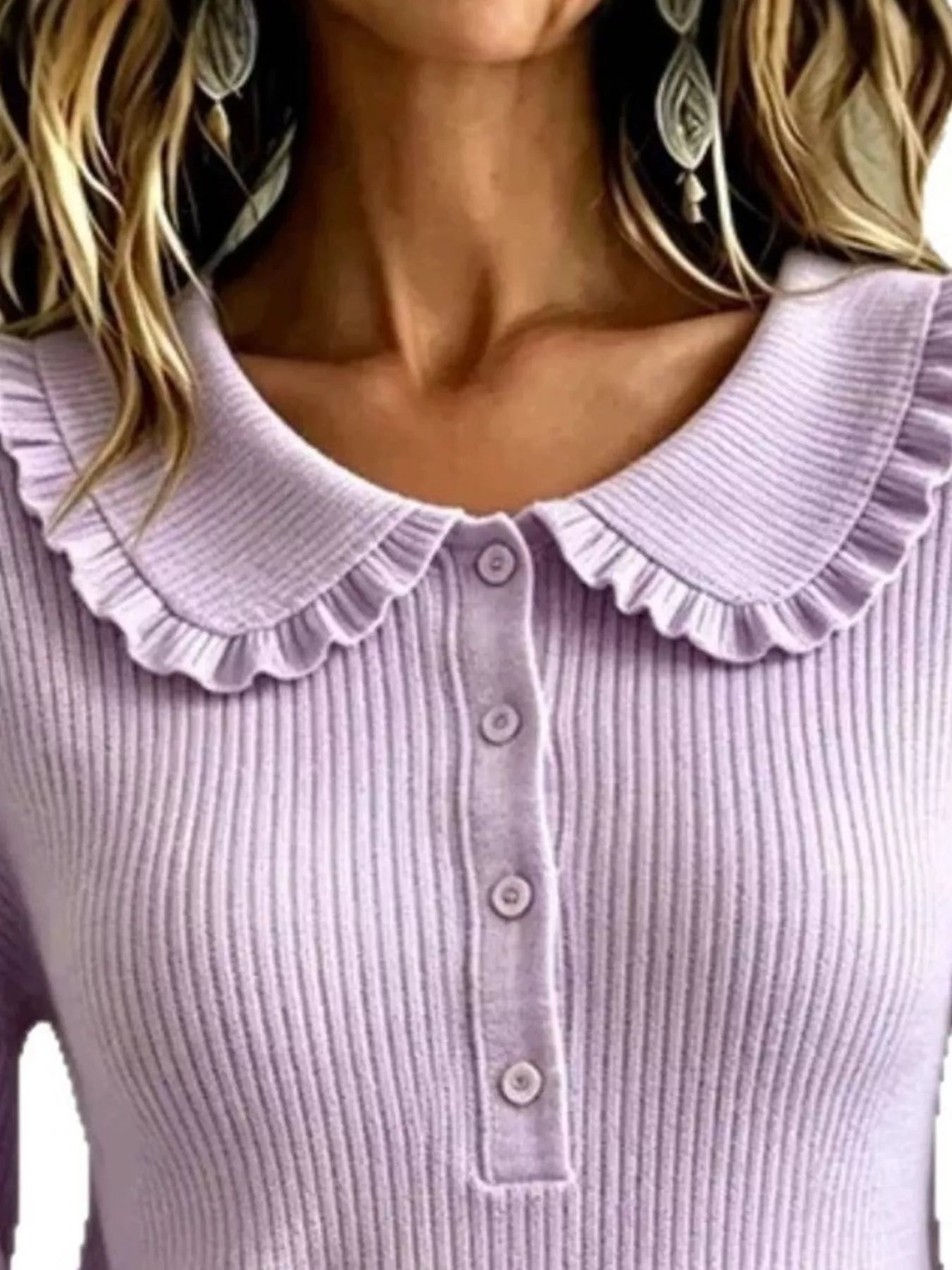 Trendsi Full Size Ruffle Collar Button Detail Sweater Plus Size -