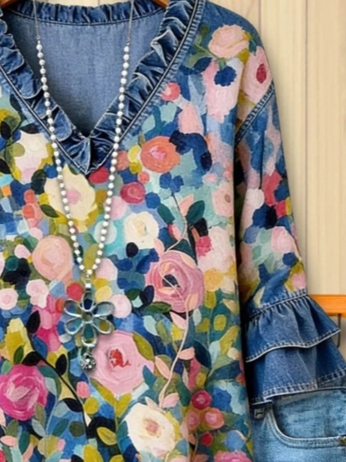 Women's Floral Print Ruffle Trim Denim Top in Floral, alternate view