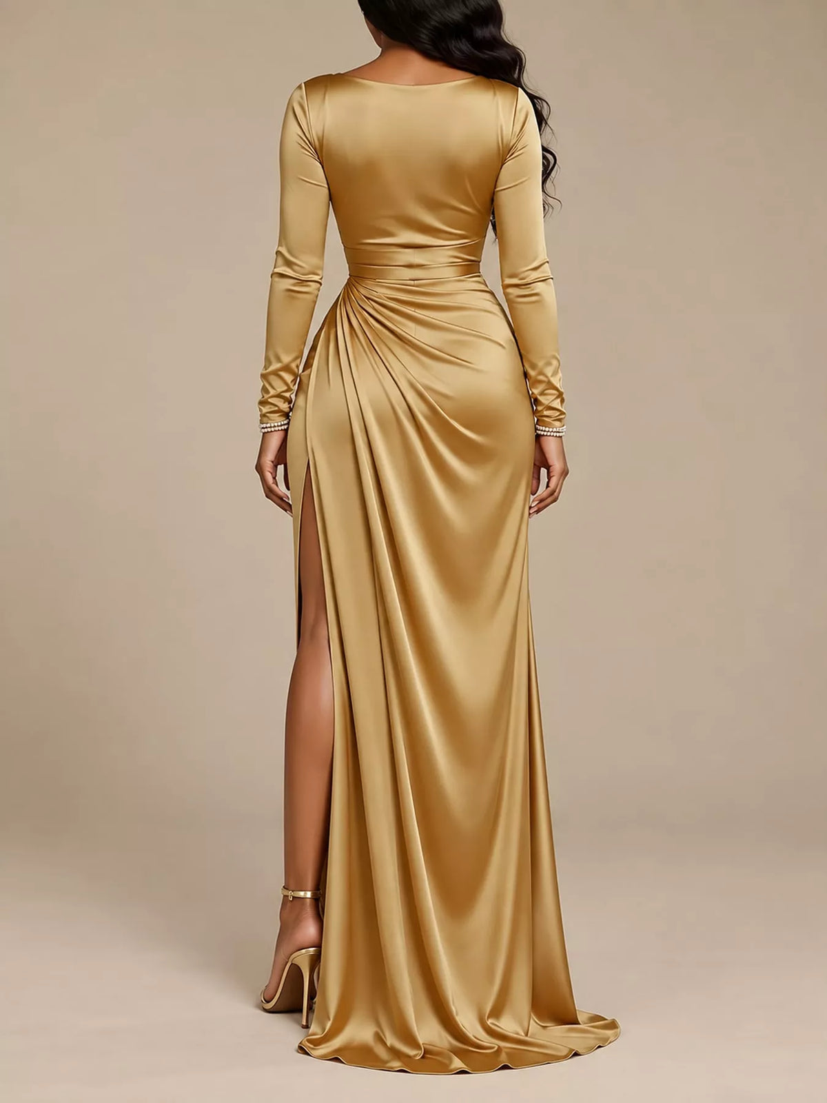 Champagne satin cowl neck high slit maxi dress, back view