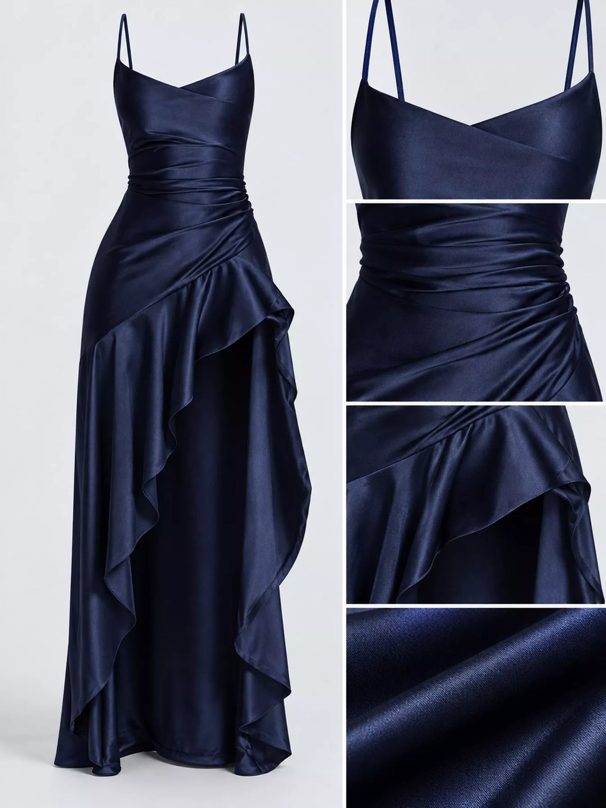 Navy high-low ruffle-hem evening dress, bodice hem and back details