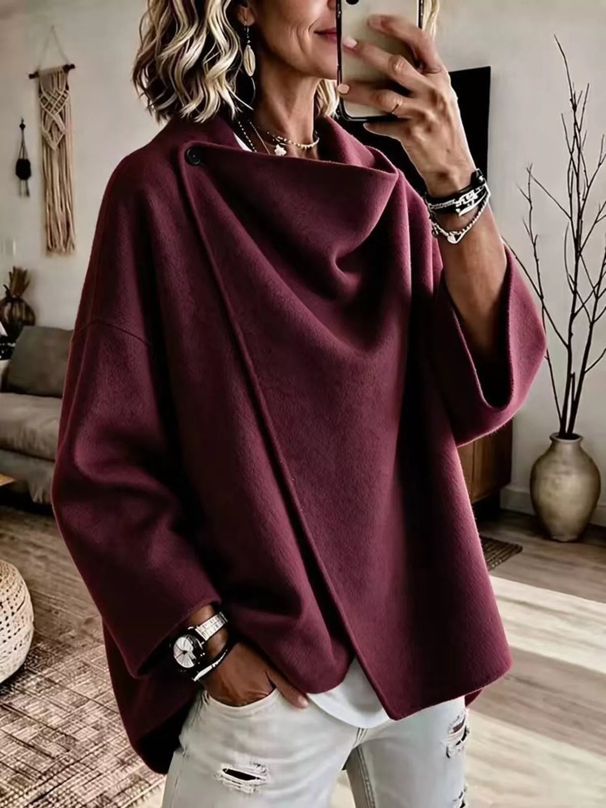 Burgundy asymmetric cowl neck cape-style jacket