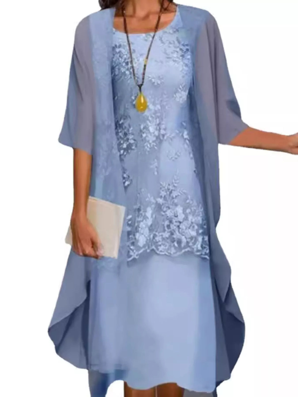 Blue lace overlay dress and chiffon cardigan set