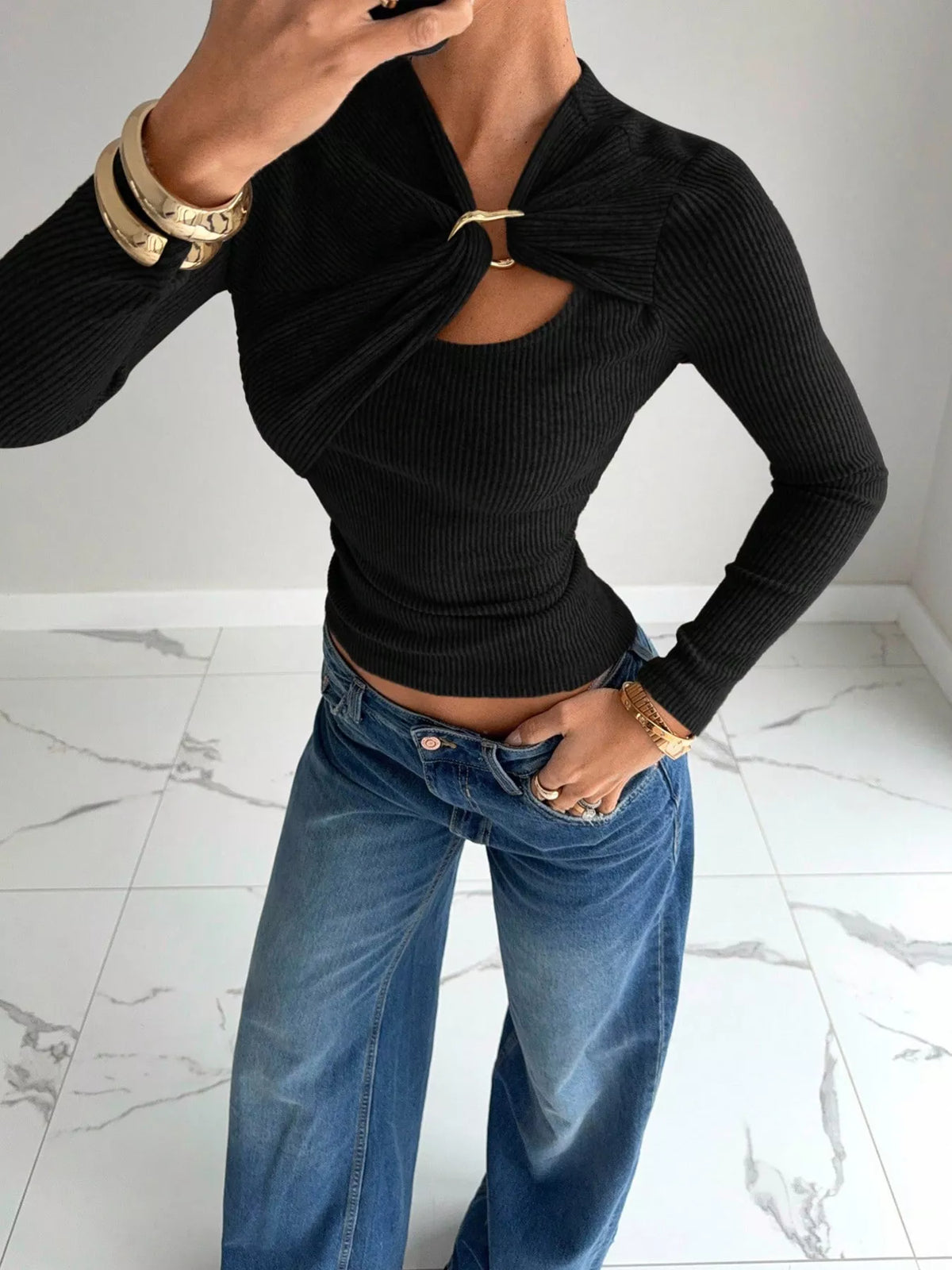 Women's Gold Ring Cutout Detail Top in black — front view