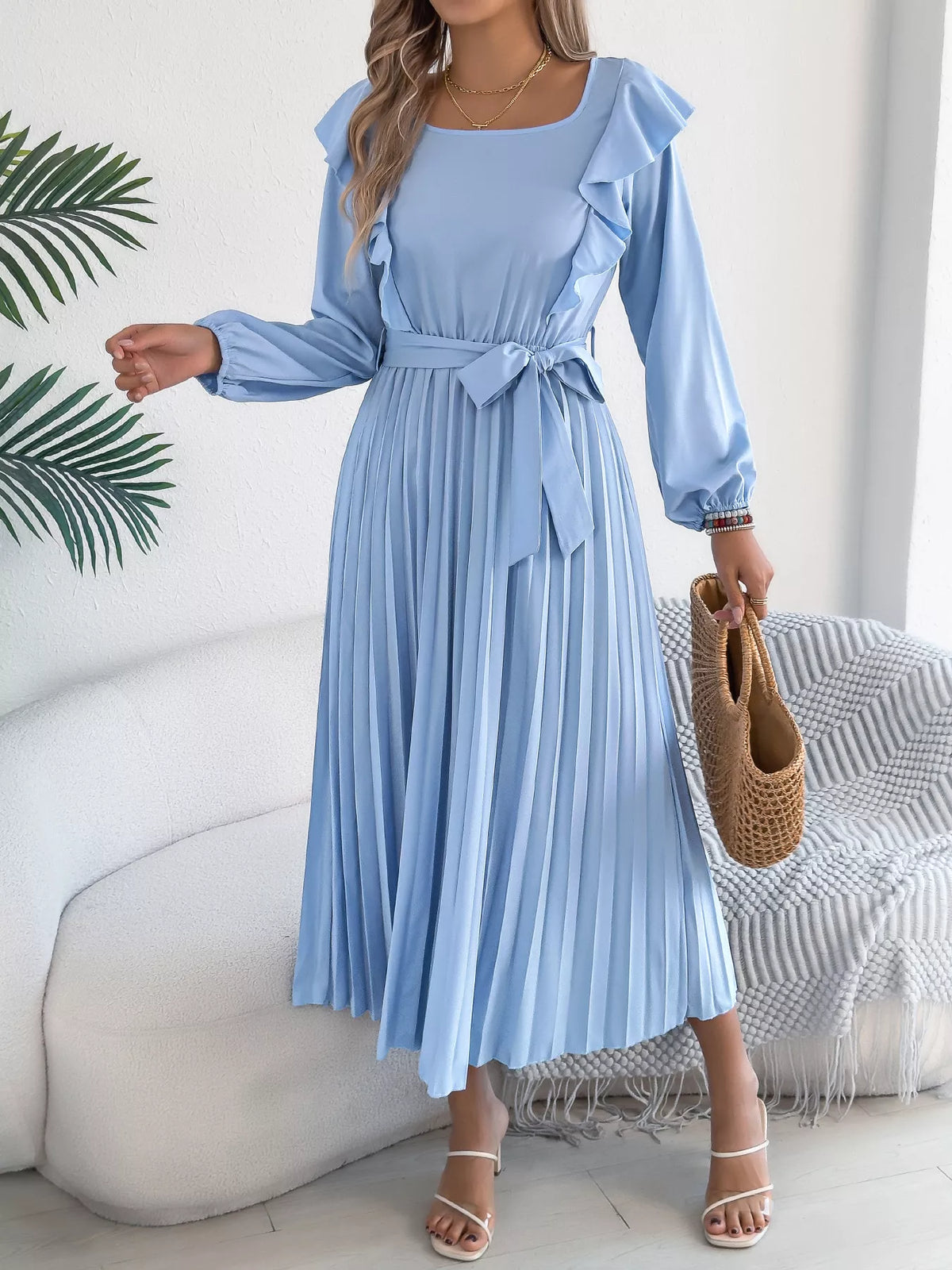 Blue ruffled pleated tie-waist midi dress, full front view.