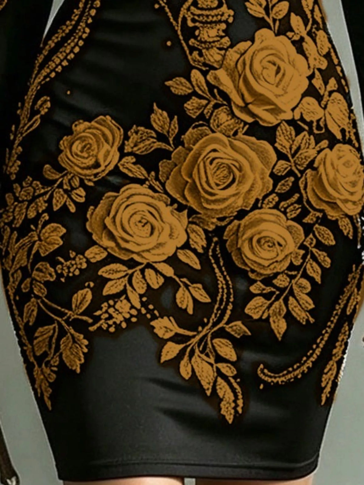 Floral skeleton dress, gold floral print detail