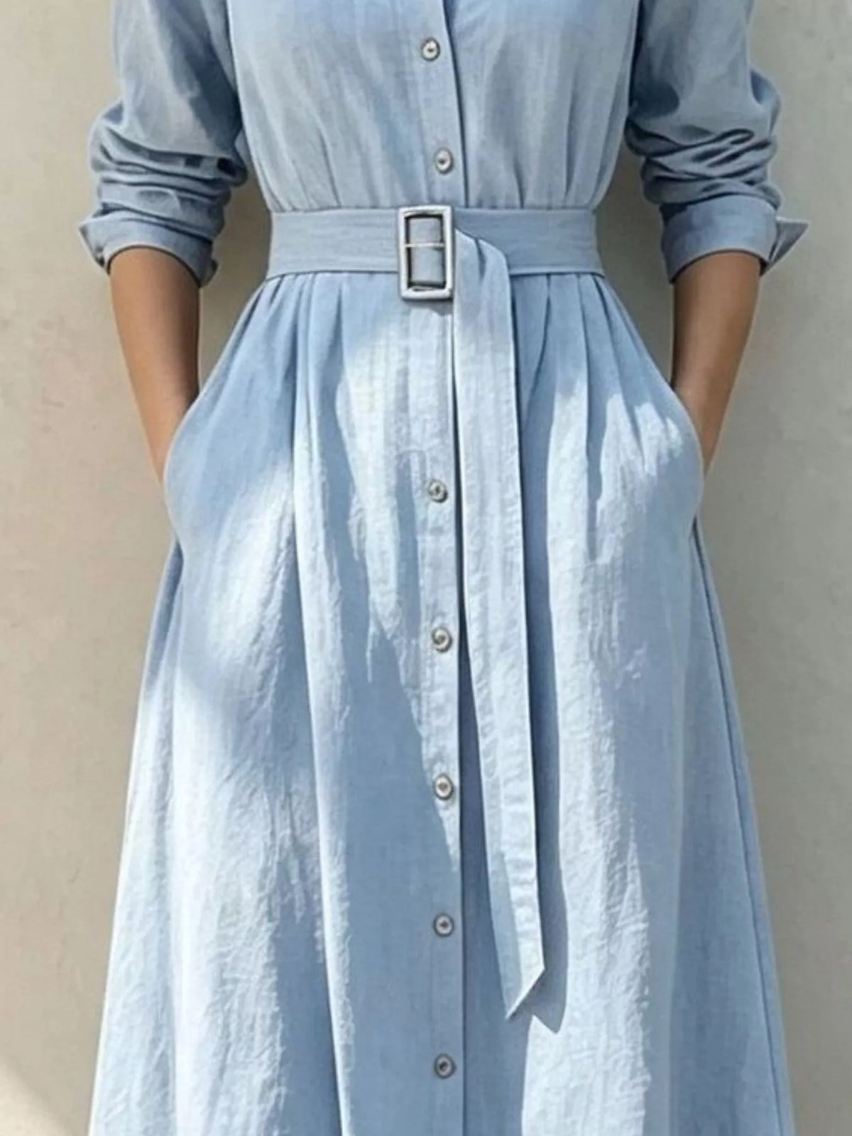 Button-Down Midi Shirt Dress with Pockets, waist detail