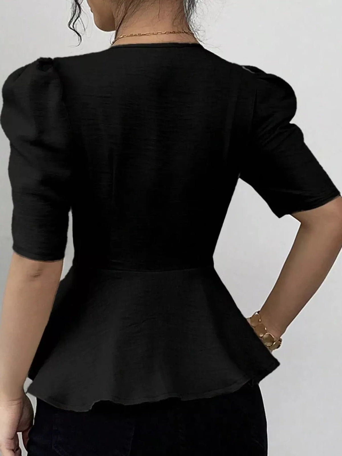Women's Square Neck Puff Sleeve Peplum Blouse in black — back view