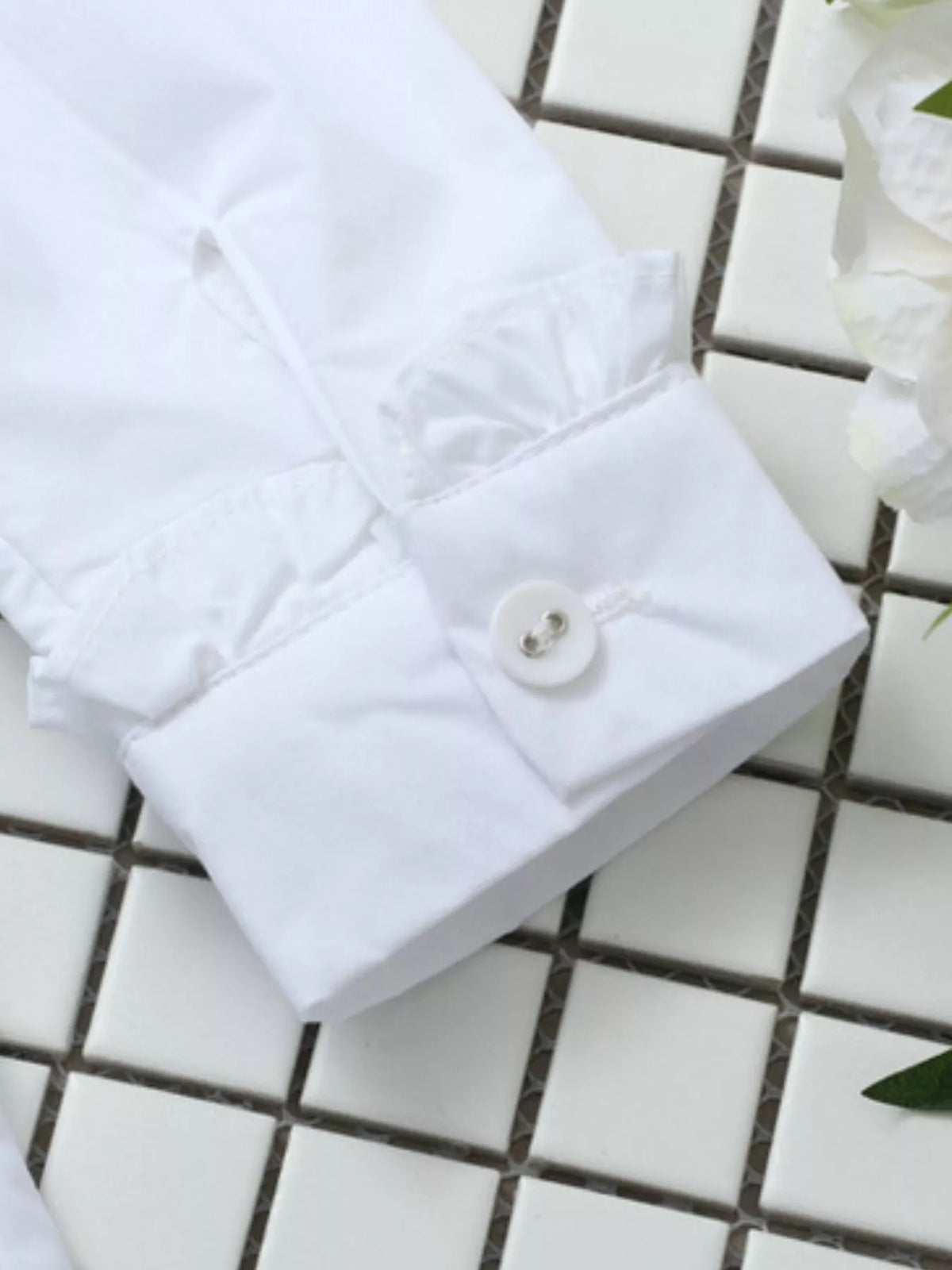 Ruffle-Neck Longline Blouse with Elastic Waist, detail view in white